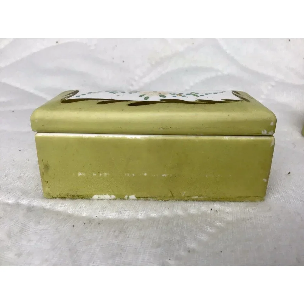 Vintage ELFINWARE Set Of 4 Hand-Painted Porcelain TRINKET BOXES Green With Rose